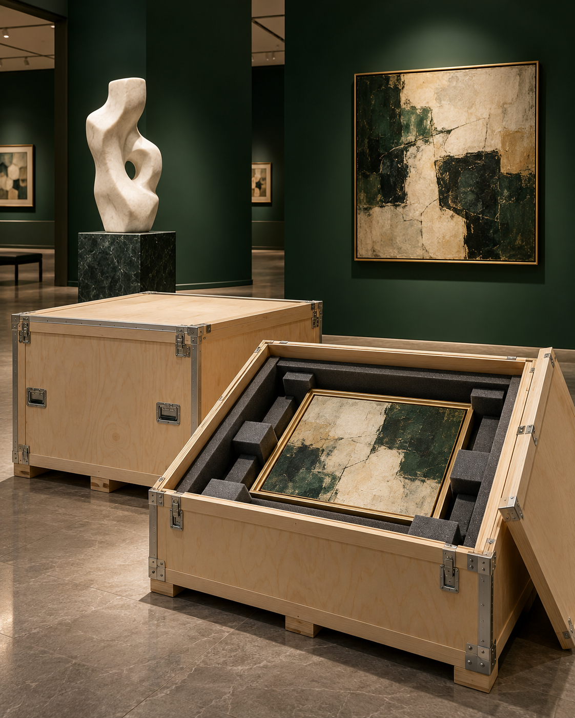 Forest-green museum gallery with artworks and protective shipping crates
